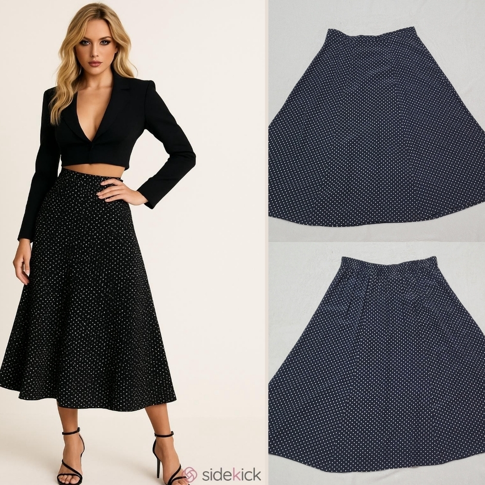 Southern Lady Vintage Black White Polka-dot High Waisted Paneled Midi Skirt 16